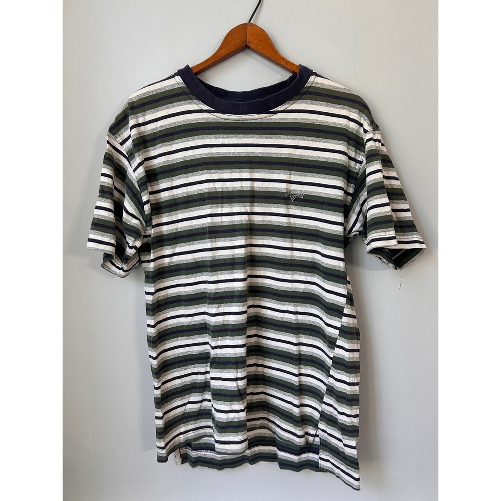 Guess Jeans Mens Striped T-Shirt Green Navy Grey Embroidered Logo Vintage Style